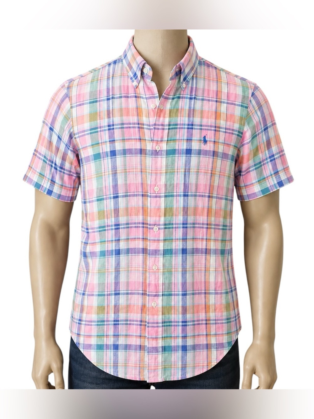 Ralph Lauren Men Madras Plaid Short-Sleeve Button-Down Shirt Linen Size Medium